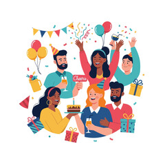 Diverse friends celebrate a birthday party with cake, gifts, and balloons