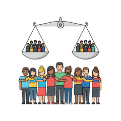 Diverse people standing together under scales of justice