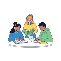 Diverse students studying together with books and laptop