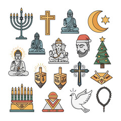 Diverse religious and holiday symbols icon set on white background