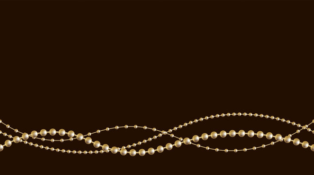 Matte gold beads border frame. Elegant golden beaded line bracelet or necklace background. Luxury decorative string element for invitations, wedding, branding, posters, modern layouts and templates.