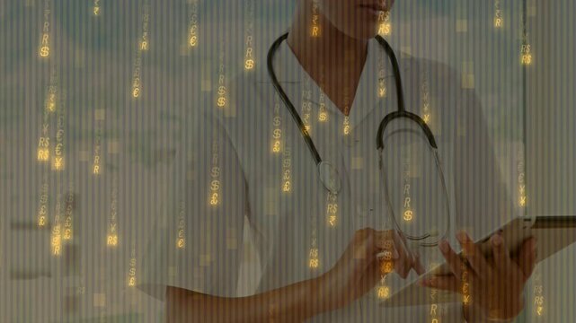 Dr tapping tablet, pulling back revealing steth, scan lines and gold code falling, reading charts