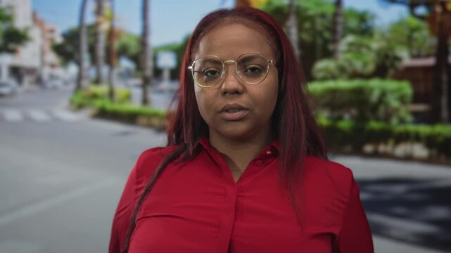 Woman in red shirt fans her face with hand on sunlit urban street lined with palm trees; heat discomfort.