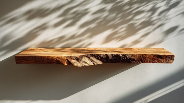 Rustic live edge wooden floating shelf on a plain wall with natural leaf shadows