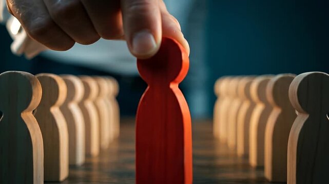 A man places a red wooden figurine between rows of beige figurines symbolizing selection, leadership, and human resources management. Career advancement, new management position.