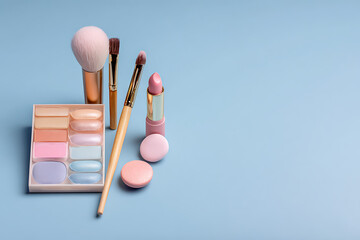 A collection of beauty tools and makeup products arranged on a light blue background