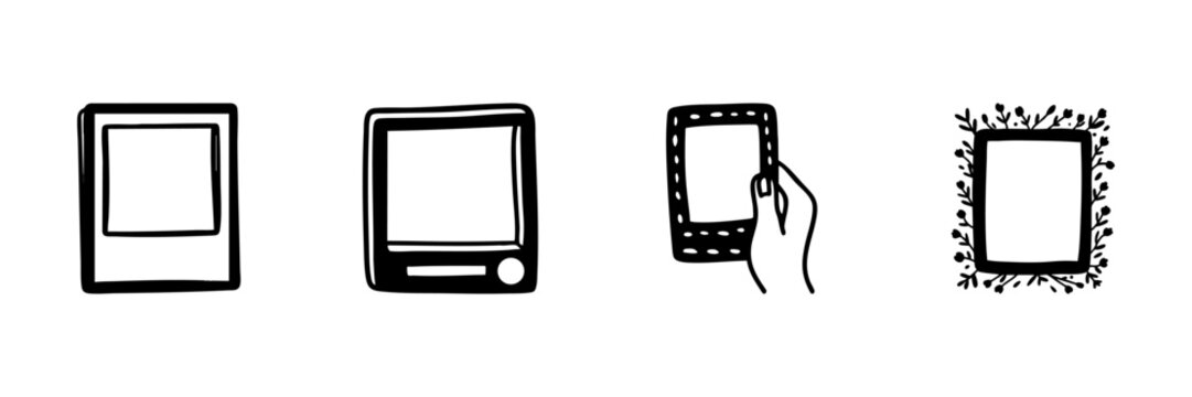 Polaroid Photo Frames In Hand Drawn Style Set. Vintage Photography, Instant Camera, Memory Capture Doodle Sketch Collection. Decorative Borders. Isolated Vector Illustration