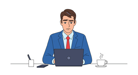 A man in a blue suit and red tie sits at a desk using a laptop.