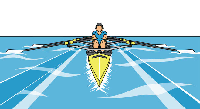 A single person rows a yellow scull boat on blue water, seen from a dynamic front view.