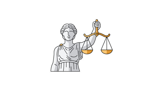 A stylized line art illustration of Lady Justice holding the scales of justice, isolated on a white background.