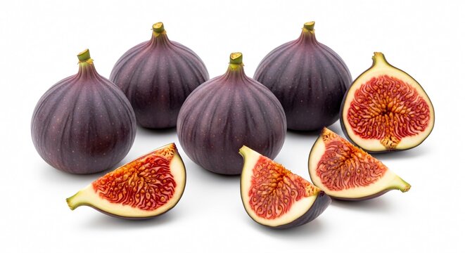 Fresh purple figs and sliced figs on white