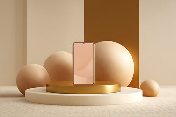 Minimalist composition of geometric and spherical objects on a wooden surface