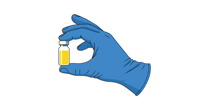 A gloved hand holding a small clear glass medical vial containing a light yellow liquid, isolated on a clean white background.