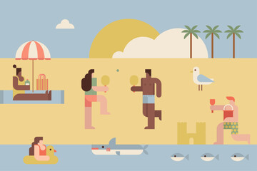 Fototapeta premium Summer beach scene with people playing and relaxing by the sea