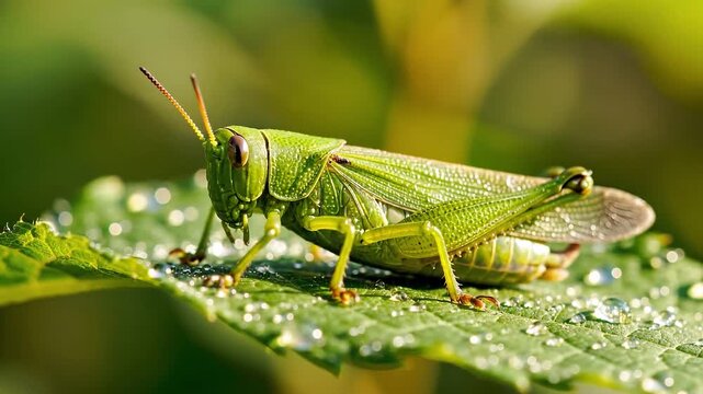 Green grasshopper resting on wet leaf