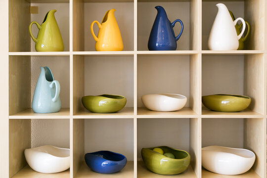 Palm Springs, California, USA. Shelf with various vintage mid century ceramics. 
