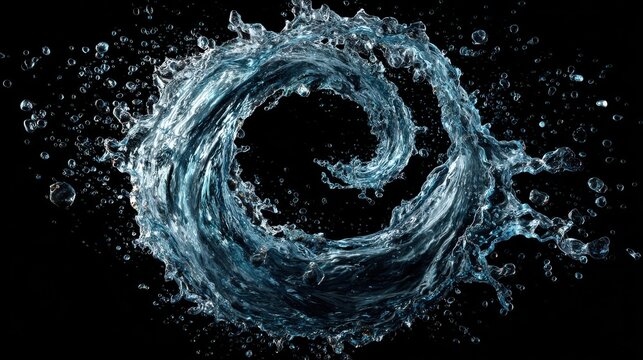 Dynamic spiral water splash with droplets on black background