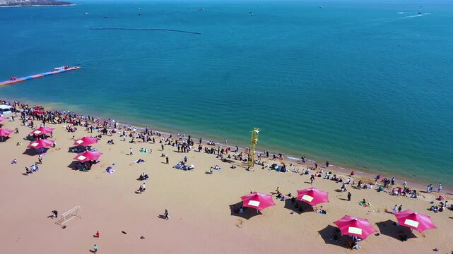 Jinshitan Gold Coast Beach Dalian Aerial View Pink Umbrellas Crowds