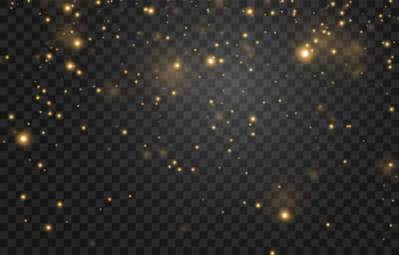Vector flying particles of light png. Magical light dust, dusty shine. Christmas light effect. Sparkling particles of fairy dust glow in transparent background. Vector illustration on png
