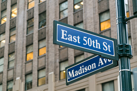 New York City, New York, USA. Street sign, 50th and Madison in NYC
