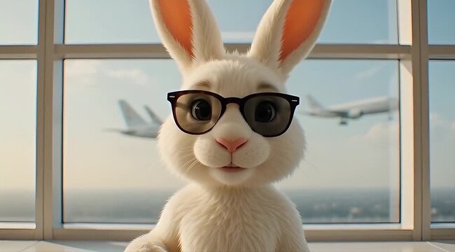 Animated white easter bunny with suitcase and sunglasses in airport terminal with airplane