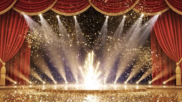 Empty stage with red curtains, bright spotlights, and falling golden glitter