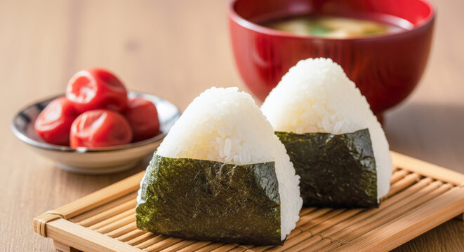 竹マットの上に盛り付けた海苔巻きの伝統的なおにぎりと梅干し、味噌汁の和食セット
