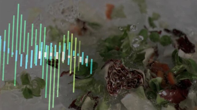 Salad on ice, audio bars appearing, pulsing, splashes rising, tomato landing, showing freshness