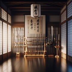 Samurais DojoPolished dark wood floors shoji screens a rack of k
