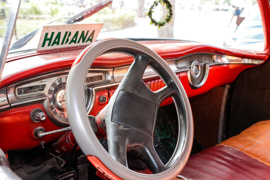 Havana, Cuba, Unesco World Heritage City. Interior 1950's taxi.