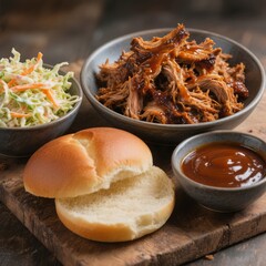 Slow cooked pulled pork BBQ sauce coleslaw and soft sandwich bun