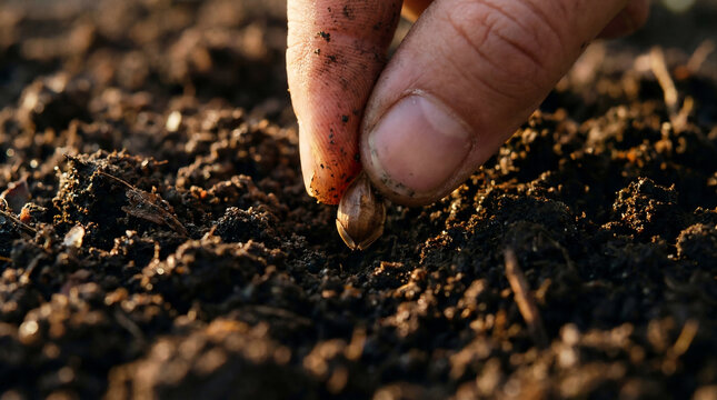 Close-up of a finger planting a seed in soil, spring equinox renewal and growth concept