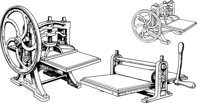 Black and white ink wash drawing vintage printmaking presses set various angles detailed illustration
