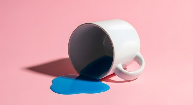 A white ceramic mug lying on its side with blue liquid spilling out onto a pink background