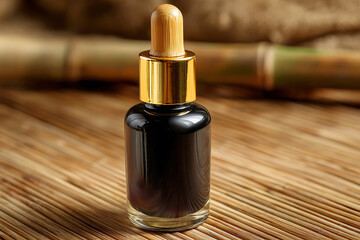 Elegant black perfume bottle with gold cap on woven mat backdrop