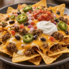 Tortilla chips topped with melted cheese and various toppings eg