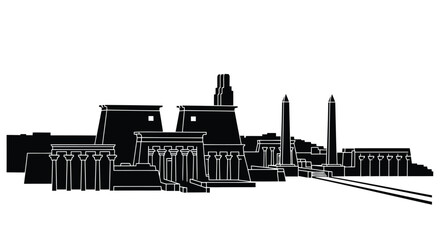 Obraz premium Egyptian temple complex silhouette with obelisks and columns against white background