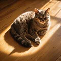 A cat finds the perfect sunlit spot on the floor basking in the
