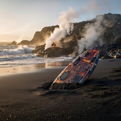 A breathtaking volcanic coastline with steaming vents and charco