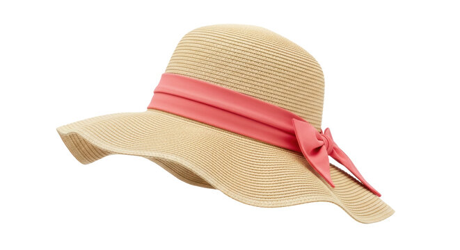 Elegant straw sun hat with pink ribbon isolated PNG, summer fashion accessory for beach vacation and sun protection