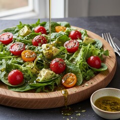 A salad featuring fresh greens marinated cherry tomatoes pickled