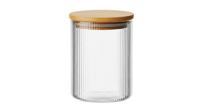 Clear ribbed glass jar with wooden lid isolated PNG, stylish storage container for kitchen pantry organization and food preservation