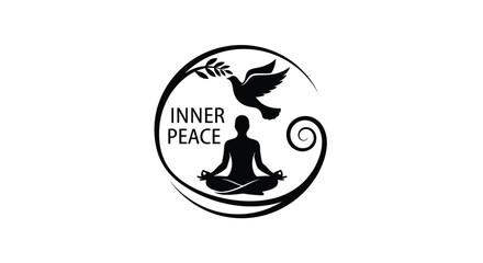 Minimalist silhouette logo of a person meditating with a dove and olive branch, symbolizing inner peace in a simple, flat vector design