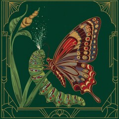 Art Deco Metamorphosis An illustration of a caterpillar transfor