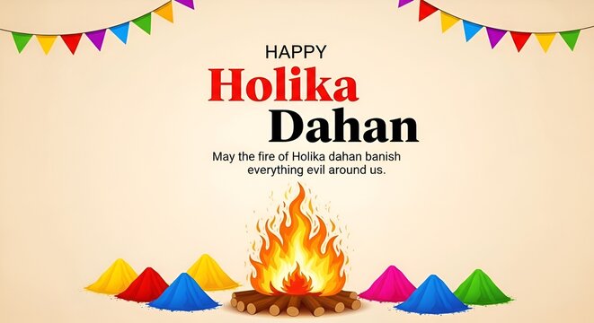 holika dahan with bonfire, plates full of gulal powder and bunting flag decoration celebrating choti holi social media post design