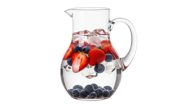 Refreshing fruit infused water in glass pitcher isolated PNG, healthy summer drink with strawberries and blueberries on transparent background