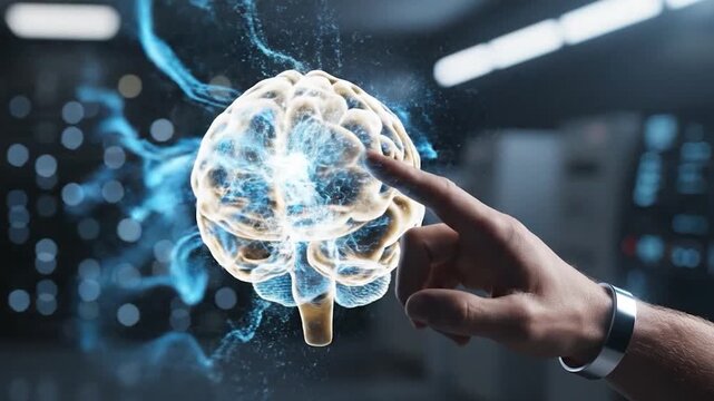 A glowing, ethereal brain with a reaching hand, symbolizing mind, touch, and intellect