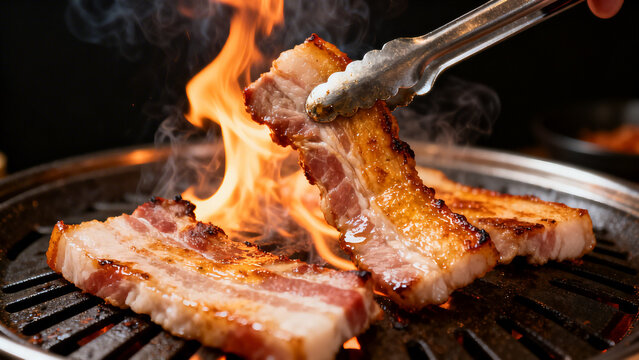 Korean Samgyeopsal Pork Belly Grilling on BBQ &ndash; Authentic Korean Cuisine