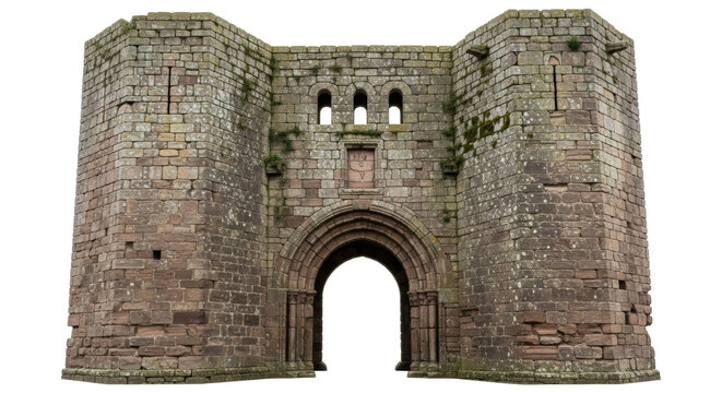 Medieval stone gatehouse isolated PNG on transparent background, ancient castle entrance with archway and weathered stonework, historical architecture