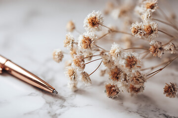 Elegant dried flowers with delicate petals and a vintage pin
